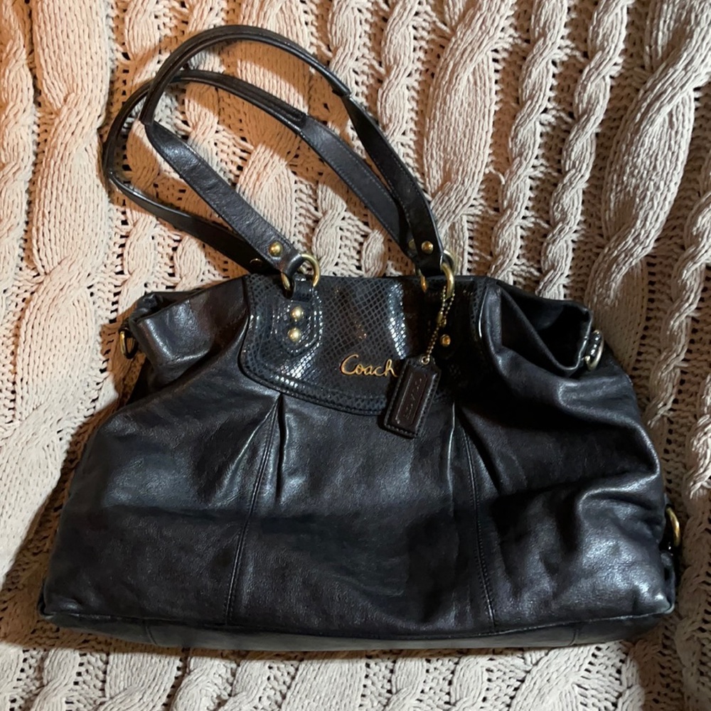 Black Leather Coach Satchel with Black Snake Trim